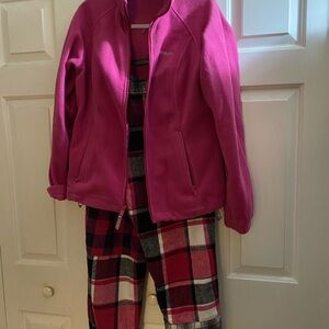 Pink Fleece Jacket and Plaid Pajama Pants L Columbia, BBJ Los Angeles